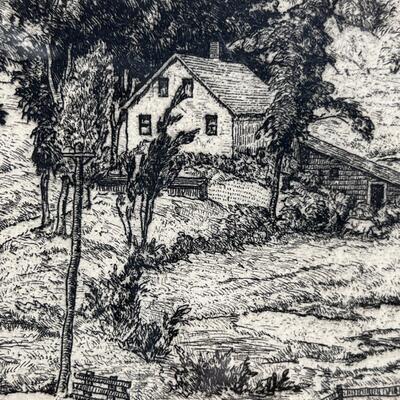 Prairie Printmaker Luigi Lucioni signed print bucolic Farmstead - hard to find
