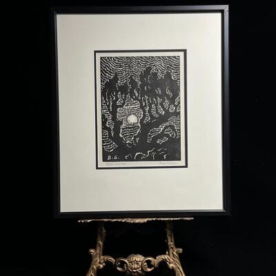 Early Birger Sandzen Woodblock Print Cedar and Moon signed 1919
