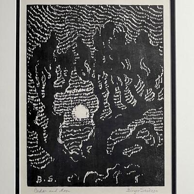 Early Birger Sandzen Woodblock Print Cedar and Moon signed 1919