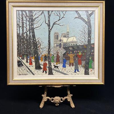 Charming Folk Art Painting of a Paris Bookseller in Winter by De Monchy