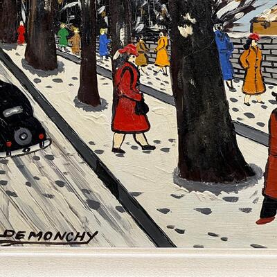 Charming Folk Art Painting of a Paris Bookseller in Winter by De Monchy