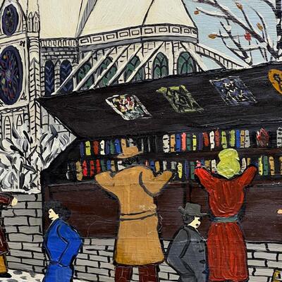 Charming Folk Art Painting of a Paris Bookseller in Winter by De Monchy