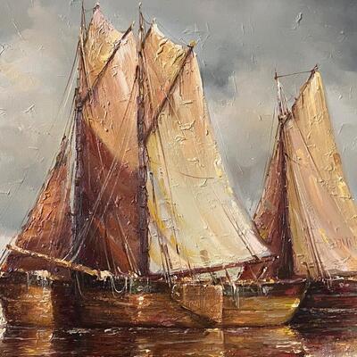 Jean Laurent MId Century Modern-ish original painting Sailboats Ships o/c