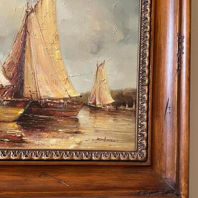 Jean Laurent MId Century Modern-ish original painting Sailboats Ships o/c