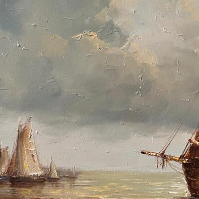 Jean Laurent MId Century Modern-ish original painting Sailboats Ships o/c