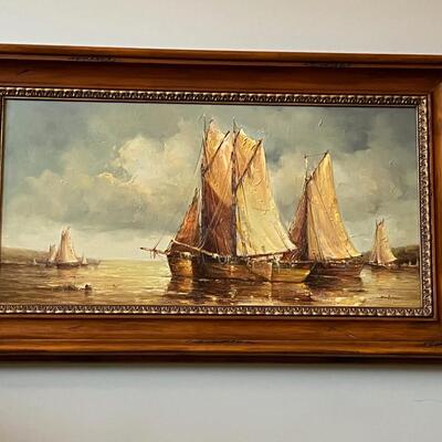 Jean Laurent MId Century Modern-ish original painting Sailboats Ships o/c