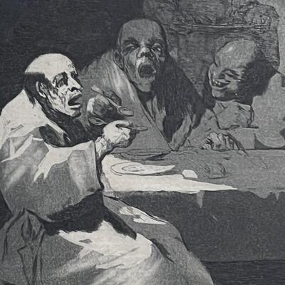 3 Old Monks Eating Hot Food Original Etching "Estan Calientes"