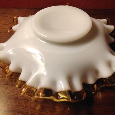 Vintage 1950s Fenton Gold Ruffled Crest Milk Glass 6 inch Bon Bon Dish