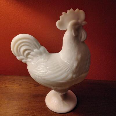 Vintage Portieux Vallerysthal Milk Glass Covered Dish Rooster