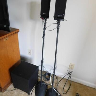 Sony Audio Surround System with Receiver, Sound Bar, Four Speakers on Stands, and Subwoofer