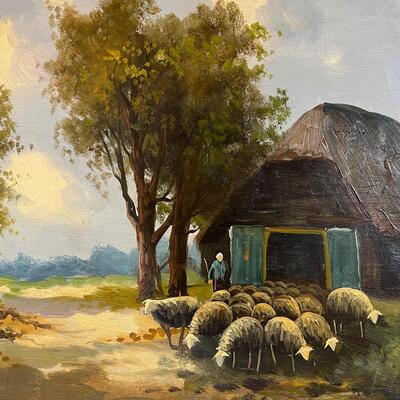 Oil on Wood Panel Early 20th C Bucolic Sheep and Barn Scene