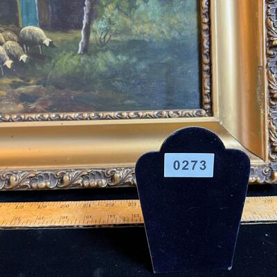 Oil on Wood Panel Early 20th C Bucolic Sheep and Barn Scene