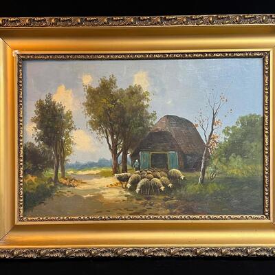 Oil on Wood Panel Early 20th C Bucolic Sheep and Barn Scene