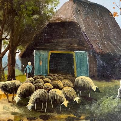 Oil on Wood Panel Early 20th C Bucolic Sheep and Barn Scene
