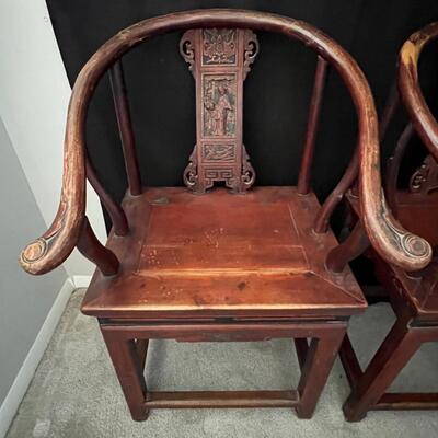 Superb Original Late Qing Dynasty Carved Horseshoe pair of chairs
