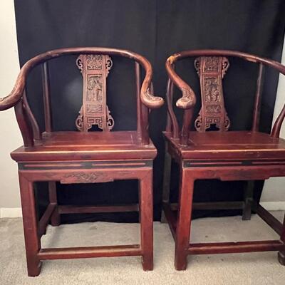 Superb Original Late Qing Dynasty Carved Horseshoe pair of chairs