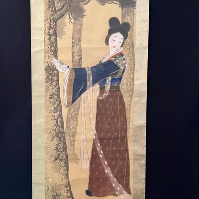 Antique Asian Scroll Painting of a beautiful Maiden
