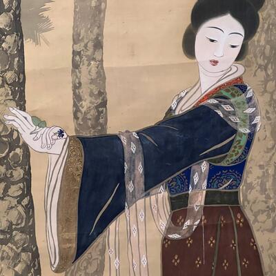 Antique Asian Scroll Painting of a beautiful Maiden