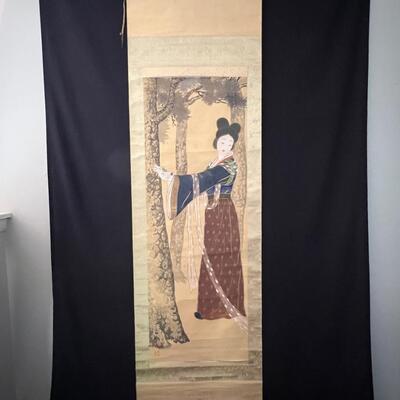 Antique Asian Scroll Painting of a beautiful Maiden