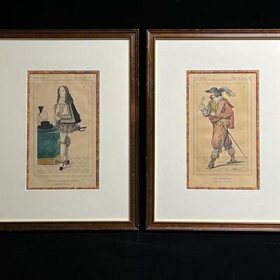 18th C Frenchmen Posing Fashion Costume Renderings hand-colored etchings