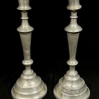 Antique Pair Pewter Candlesticks balustrade style