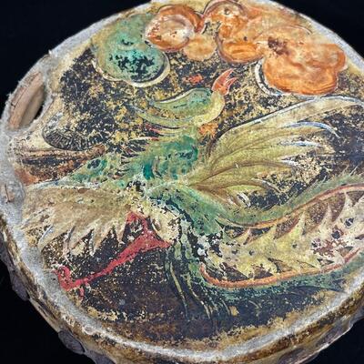 Antique Indochina painted leather festival drum w brass tacks