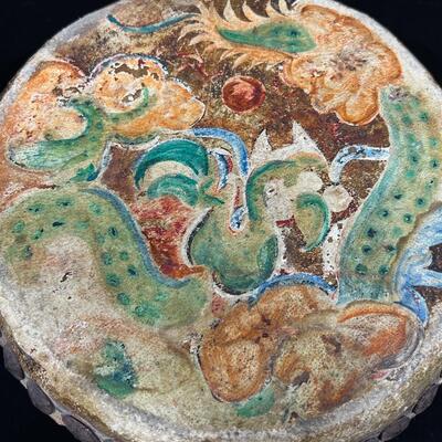 Antique Indochina painted leather festival drum w brass tacks