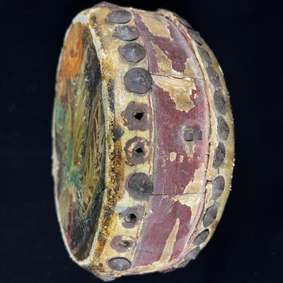 Antique Indochina painted leather festival drum w brass tacks