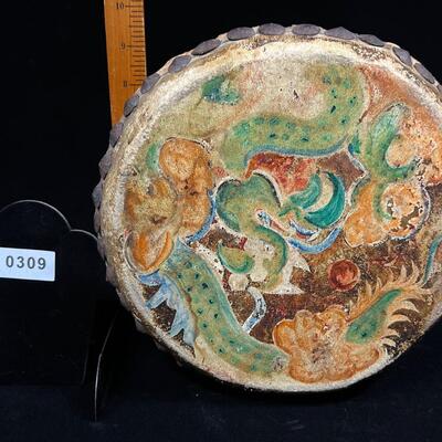 Antique Indochina painted leather festival drum w brass tacks
