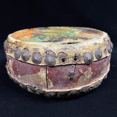 Antique Indochina painted leather festival drum w brass tacks