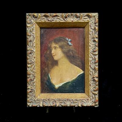 Rare Antique Late 19th C Signed Miniature portrait oil on panel