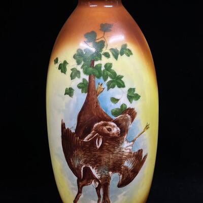 Hand Painted Milk Glass antique 19th C vase Hunting Scene