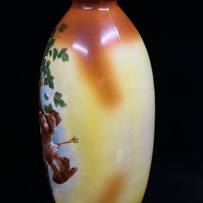 Hand Painted Milk Glass antique 19th C vase Hunting Scene