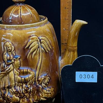 19th C Antique American Bennington Teapot Rebecca at the Well