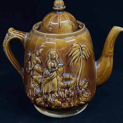 19th C Antique American Bennington Teapot Rebecca at the Well
