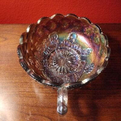 Imperial Glass Nappy Dish with Pansy and Beaded Diamond Quilt Smoke Carnival Glass Circa 1951-72
