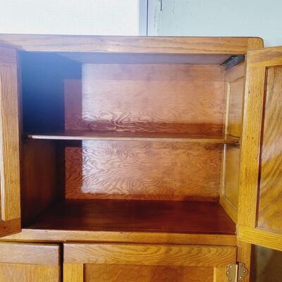 ANTIQUE OAK HOOSIER CABINET WITH ACCESSORIES