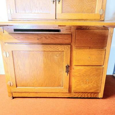 ANTIQUE OAK HOOSIER CABINET WITH ACCESSORIES