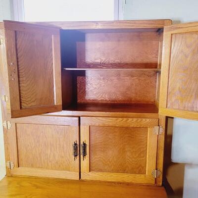 ANTIQUE OAK HOOSIER CABINET WITH ACCESSORIES