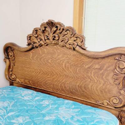 ANTIQUE TIGER OAK FRAME, MATTRESS & BOX SPRING - (MATTRESS SET MADE IN TOPEKA)