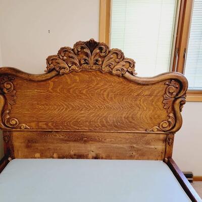 ANTIQUE TIGER OAK FRAME, MATTRESS & BOX SPRING - (MATTRESS SET MADE IN TOPEKA)