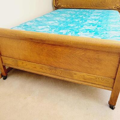 ANTIQUE TIGER OAK FRAME, MATTRESS & BOX SPRING - (MATTRESS SET MADE IN TOPEKA)