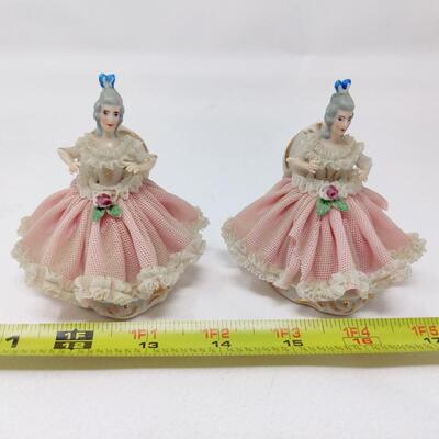 PAIR OF MINI VINTAGE PORCELAIN LACE LADY DRESDEN FIGURINES MADE IN GERMANY