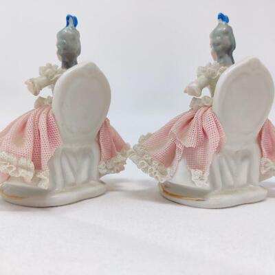 PAIR OF MINI VINTAGE PORCELAIN LACE LADY DRESDEN FIGURINES MADE IN GERMANY