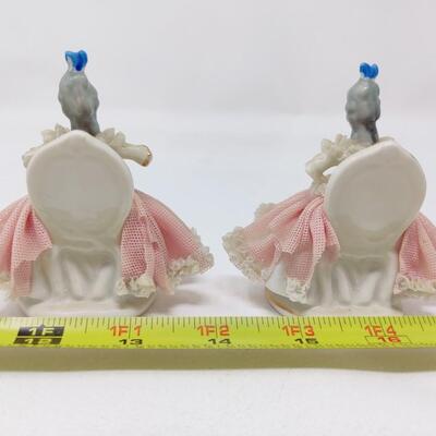 PAIR OF MINI VINTAGE PORCELAIN LACE LADY DRESDEN FIGURINES MADE IN GERMANY