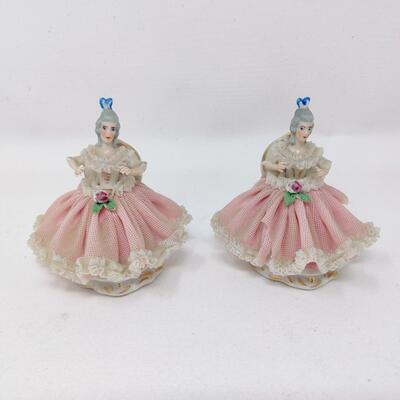 PAIR OF MINI VINTAGE PORCELAIN LACE LADY DRESDEN FIGURINES MADE IN GERMANY