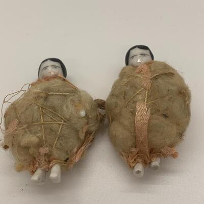 Antique Miniature Porcelain Dolls wrapped - with basket