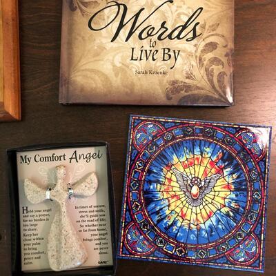 10- Religious books, trivet, wall art, crosses