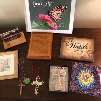 10- Religious books, trivet, wall art, crosses