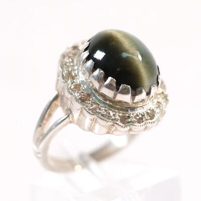 Sterling Diamond & Green Tigers Eye Ring, Size 7.5